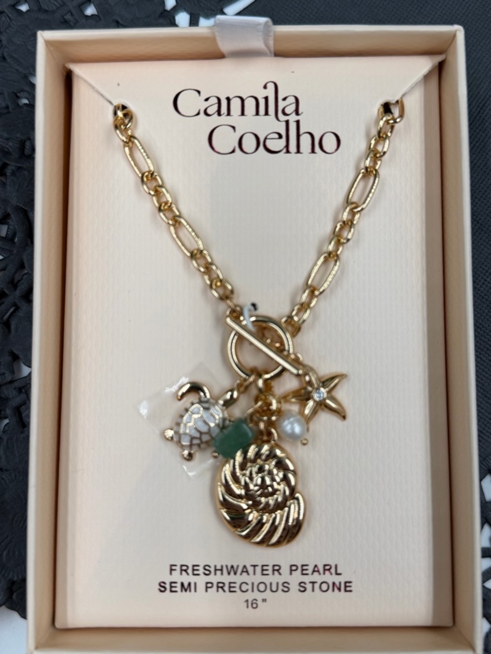 Camila Coelho Gold Charm Necklace Pearl Starfish Turtle Shell 16” NWT